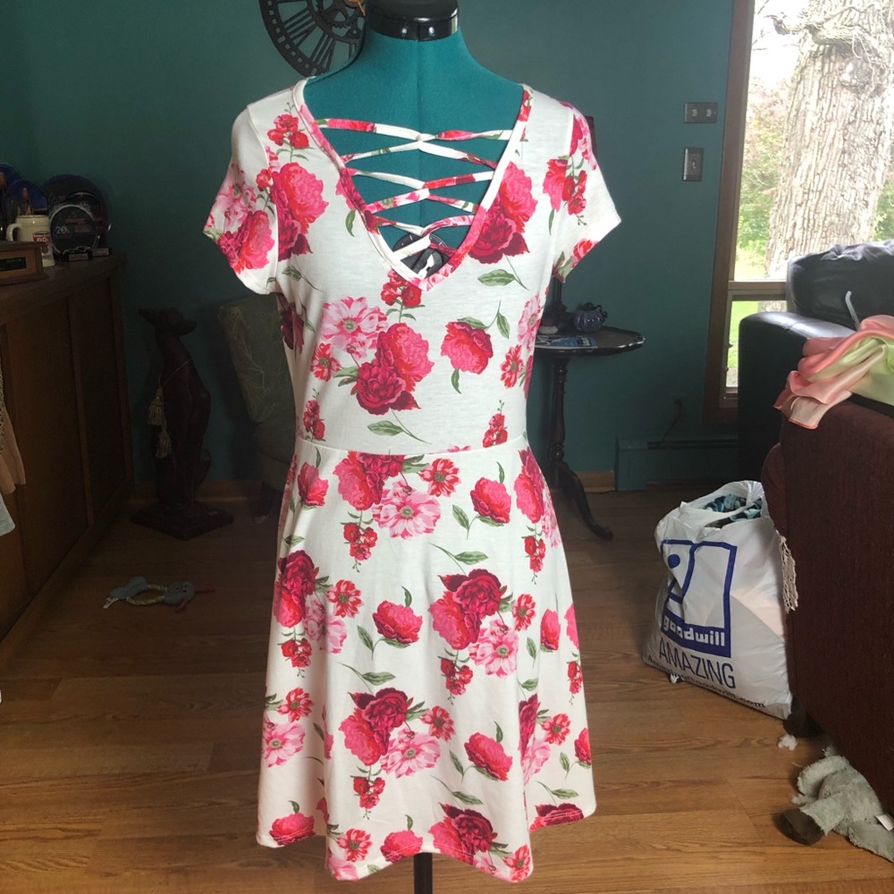 Cotton Floral Dress with crisscross neckline
